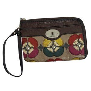 Vintage FOSSIL Colorblock Leather Patchwork Studded Flowers Boho Wristlet